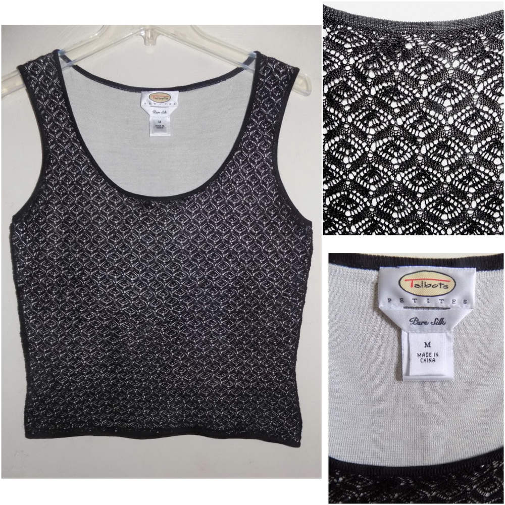 Talbots Silk knit cami M P Black Lacy Scoop Ivory lining Sleeveless Top Pattern